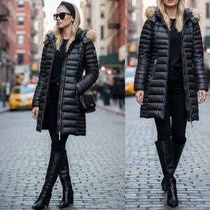 KATE SPADE COAT XS BLACK TAN FUR HOODED MINIMALIST PUFFER DOWN FEATHER PREPPY